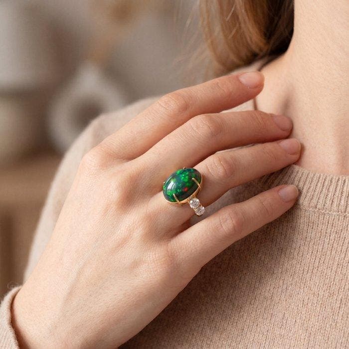 Ring - 14 karaat Geel goud - 16.86ct. tw. Opaal - Diamant, Handtassen en Accessoires, Ringen