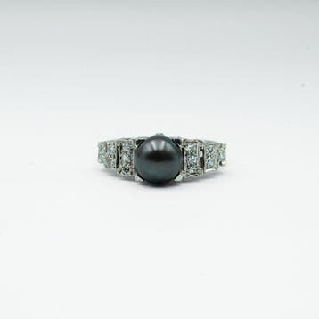 Ring - 14 karaat Witgoud Parel - Diamant, Nieuw