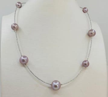 Collier Platine, Perles Edison rondes violettes 9,2×12,2 mm, Nieuw