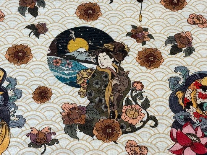 Geishe, Golven en Bloemen: Poëzie uit het Oosten op katoen -, Antiek en Kunst, Antiek | Tapijten, Tafelkleden en Textiel