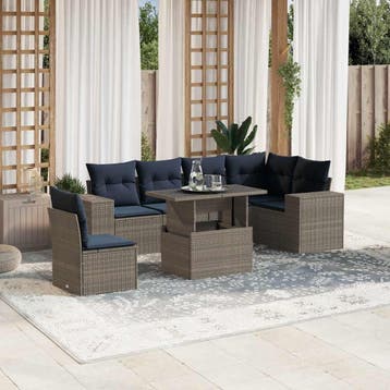 vidaXL 7-delige tuinbankset met kussens, grijs polyrotan, Verzenden