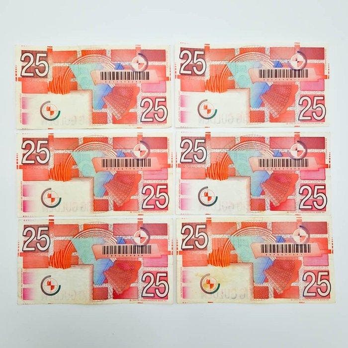 Nederland. - 6 x 25 Gulden - 1989 - PL71 (Zonder, Postzegels en Munten, Bankbiljetten | Europa | Niet-Eurobiljetten