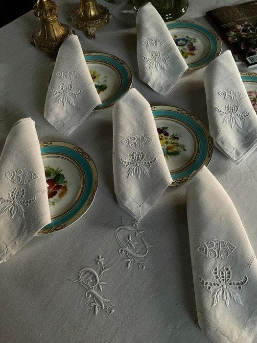 6 vroege 20e-eeuwse zware linnen servetten met de initialen, Antiek en Kunst, Antiek | Tapijten, Tafelkleden en Textiel