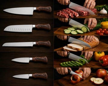 Keukenmes - Kitchen knife set - Staal, Hout, Leder -