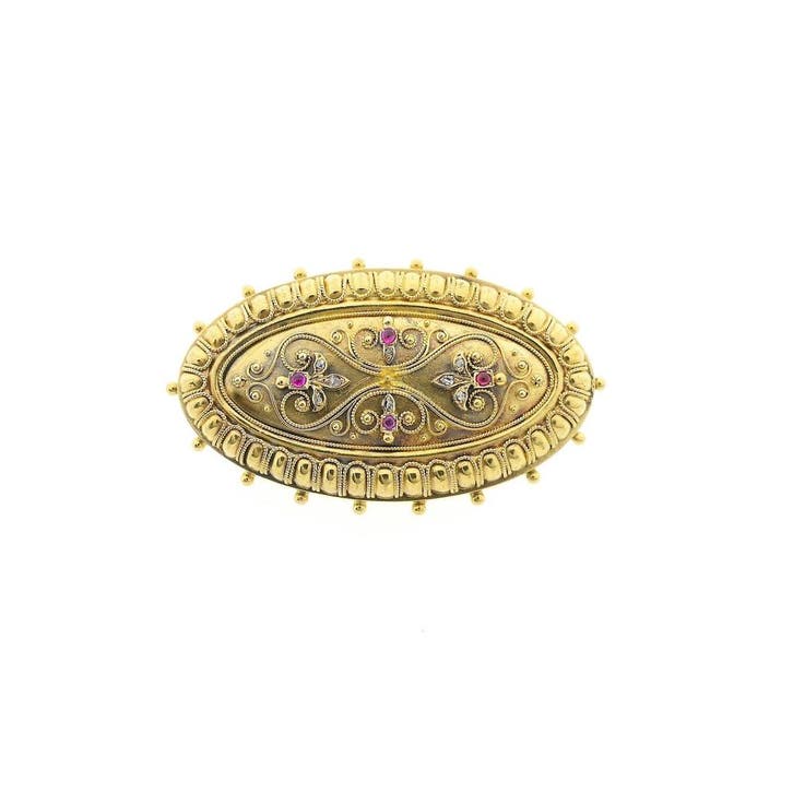 Antiek gouden Victoriaanse broche met robijn en diamanten..., Handtassen en Accessoires, Broches, Overige kleuren, Gebruikt, Met edelsteen