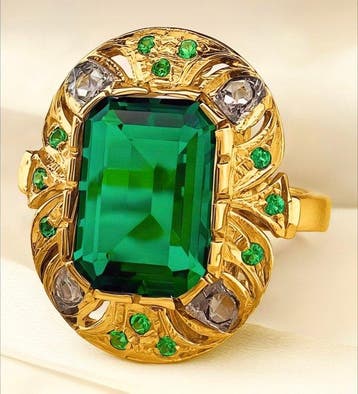Zonder minimumprijs - Ring - 9 kt. Geel goud, Zilver Smaragd