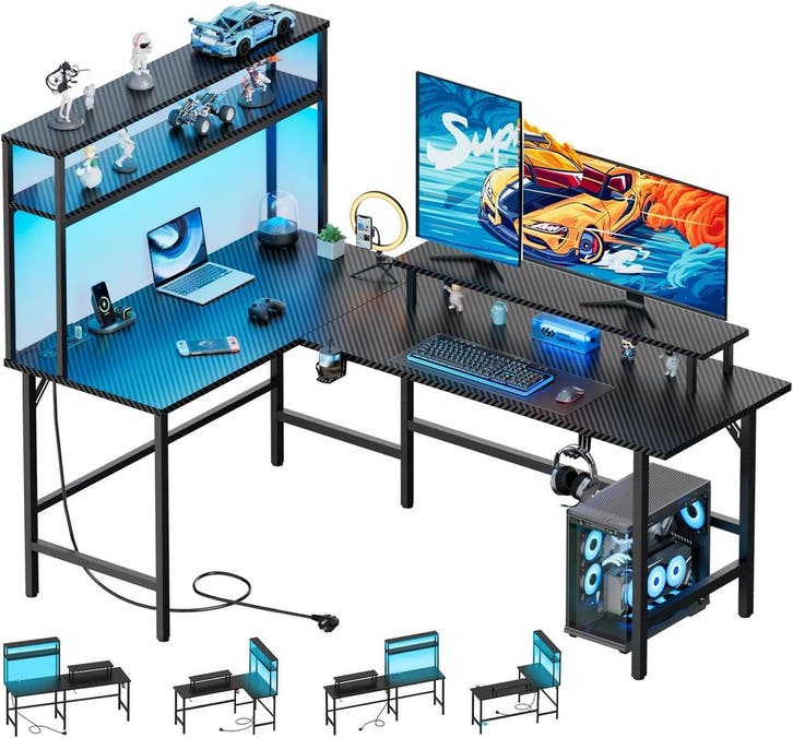 Gaming bureau - Gaming desk - Hoekbureau - 220x50 cm - Zwart, Huis en Inrichting, Bureaus, Nieuw, Verzenden