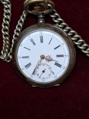 Zakhorloge Zilver - 4 Rubis - Fraaie wijzerplaat met ketting, Nieuw