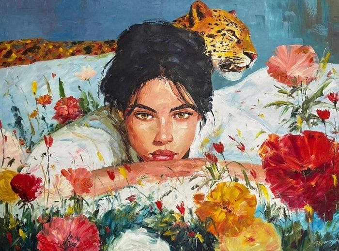Yuni R. P 86 x 116 cm - Susurro del Gato Montés, Antiek en Kunst, Kunst | Schilderijen | Modern