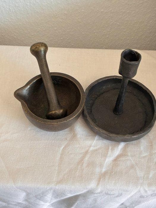 Vijzel (2) - Brons, Messing - 1880/90 + kandelaar, Antiquités & Art, Curiosités & Brocante