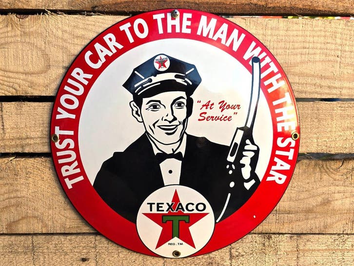 Texaco "Trust Your Car to the Man with the Star" - Emaille b, Collections, Marques & Objets publicitaires, Envoi