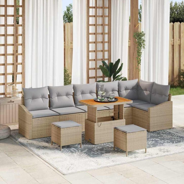 vidaXL Tuinbank Set met kussen met opslag 9 pcs Beige Poly, Tuin en Terras, Tuinsets en Loungesets, Nieuw, Verzenden