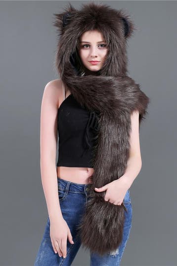 KIMU® Hood Beer Donkerbruin Muts met Oortjes en Wanten Beert, Ophalen of Verzenden