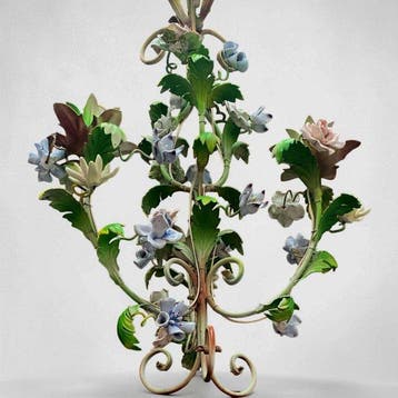 Kroonluchter - Antiek in smeedijzer met keramische bloemen –, Antiek en Kunst