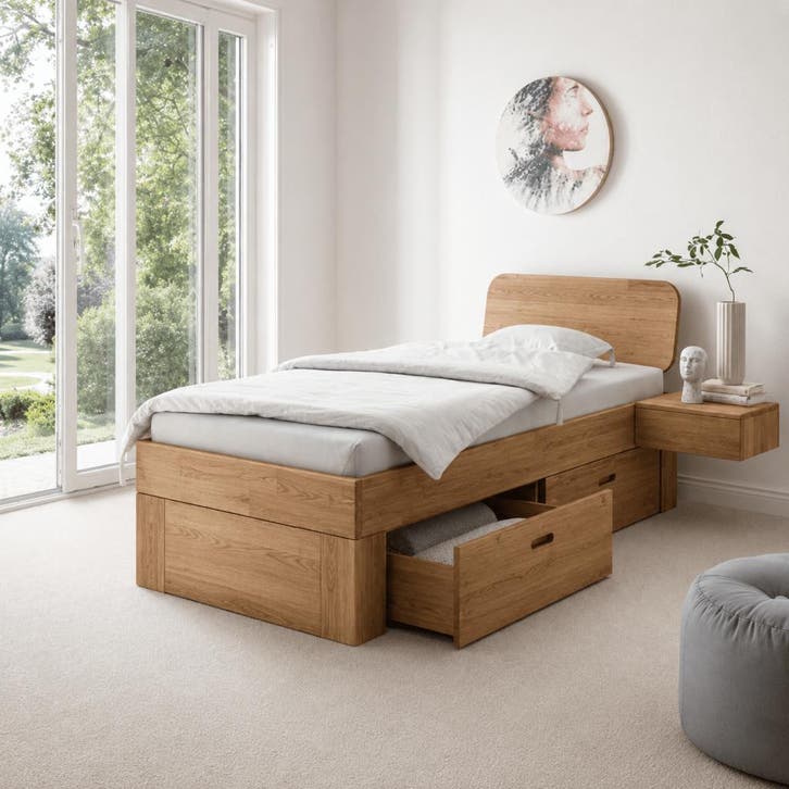 Van Schaik Nordic Oak Massief Houten 1-Persoons Ledikant met, Huis en Inrichting, Slaapkamer | Bedden