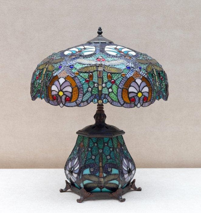 Lamp - Tiffany style - Dragonfly - Glas-in-lood, Antiquités & Art, Art | Objets design