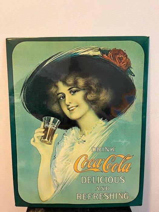 Coca-Cola reclamebord met damesportret – vintage, Antiek en Kunst, Antiek | Wandborden en Tegels