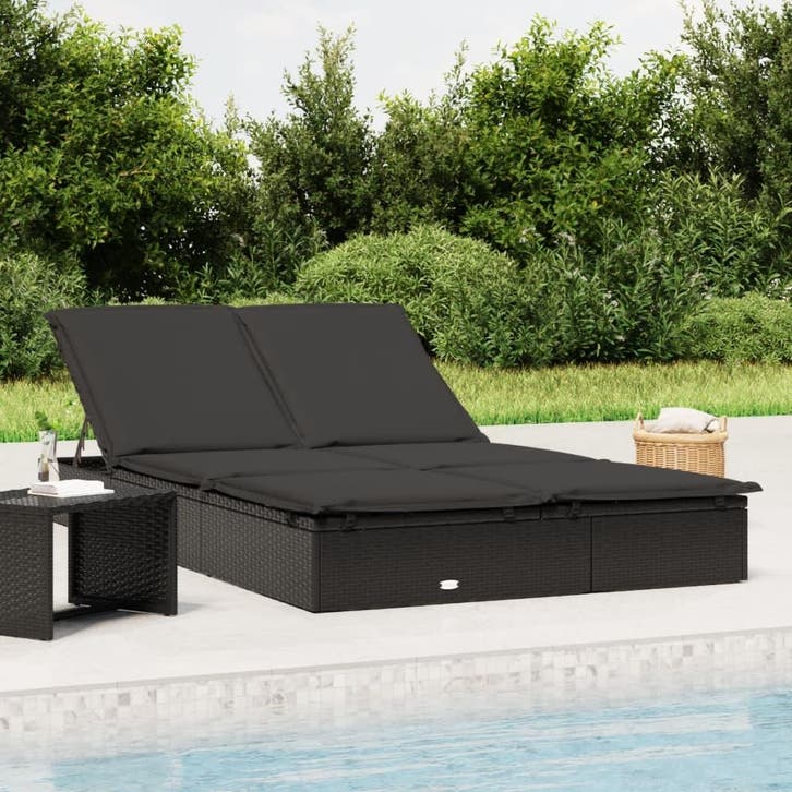 vidaXL Ligbed met kussens 2-persoons poly rattan zwart, Jardin & Terrasse, Chaises longues, Envoi