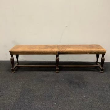 Antiek houten halbankje, (bxd) 176x36 cm, hout - leer, Bureau