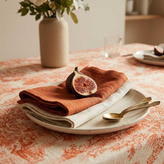 AA157 - Tafelkleed Toile de Jouy oranje 100% katoen -, Antiek en Kunst, Antiek | Tapijten, Tafelkleden en Textiel