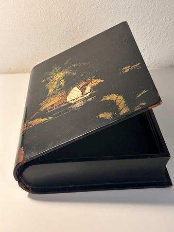 Large Jewellery Box with Mirror - Black Lacquered Wood &