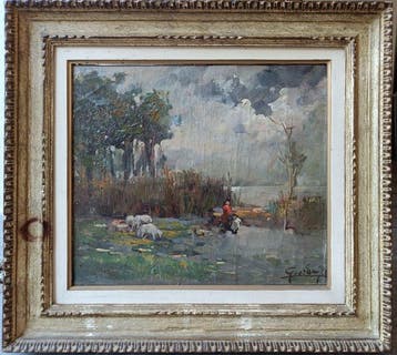 Felice Giordano (1880-1964) - Scena pastorale al tramonto, Antiquités & Art