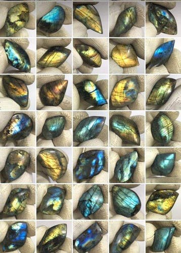 cabochons en labradorite feu bleu/orange fins - Hauteur : 55