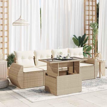 vidaXL 5-delige Loungeset met kussens poly rattan beige, Verzenden, Nieuw, Loungeset