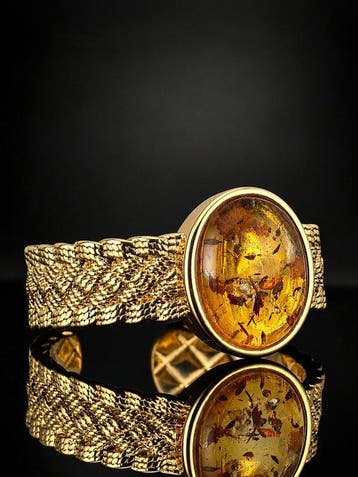 Gouden vergulde barnsteenring - 925 zilver - modern, Antiek en Kunst