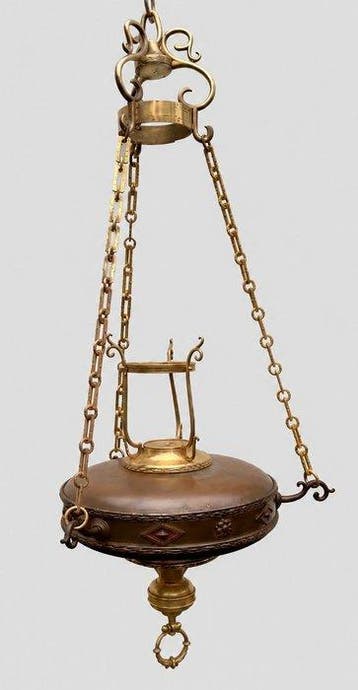 Fraaie bewerkte grote godslamp - Antiek - Gepatineerd brons,
