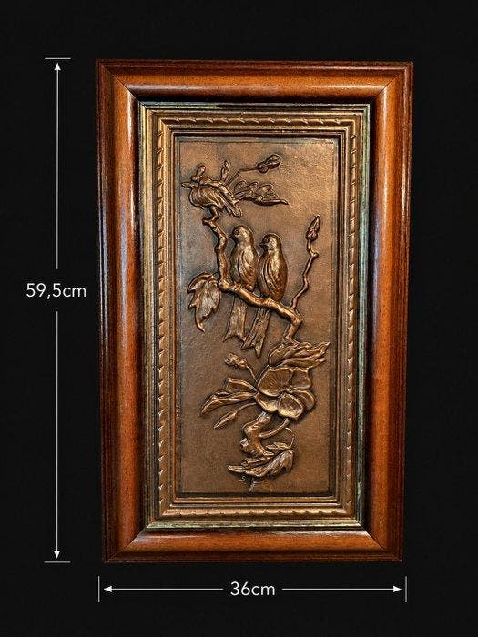 Paneel - Koper, Hout - Koper reliëf zangvogels, Antiek en Kunst, Curiosa en Brocante