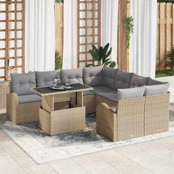 vidaXL Tuinbank Set 9 st Beige Poly Riet, Verzenden, Nieuw