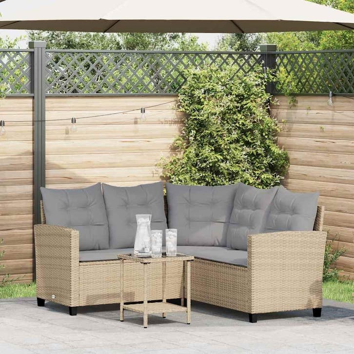 vidaXL Tuinbank met tafel en kussens L-vormig beige poly, Tuin en Terras, Tuinsets en Loungesets, Nieuw, Verzenden