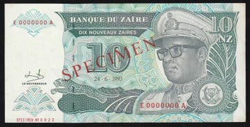 10 Nouveaux Zaires Zaire Pick 54 s 10 New Zaire Exemplar..., Verzenden