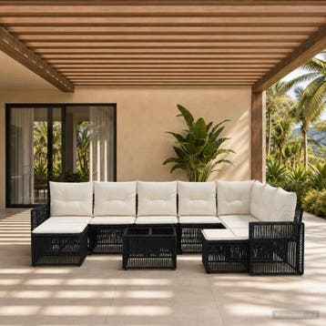 vidaXL Tuinbank Set 10 pcs Zwart en Crème Wit poly rattan, Verzenden, Nieuw