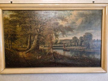 George Harris (XIX-XX) - Grande paesaggio fluviale con, Antiek en Kunst