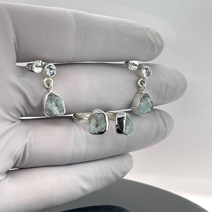 Argent - Ensemble de bijoux 2 pièces - Aigue-marine, Collections, Minéraux & Fossiles