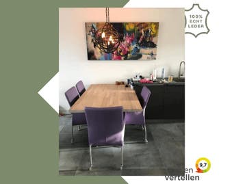 Set van 4 leren eetkamerstoelen - met wieltjes en, Ophalen of Verzenden
