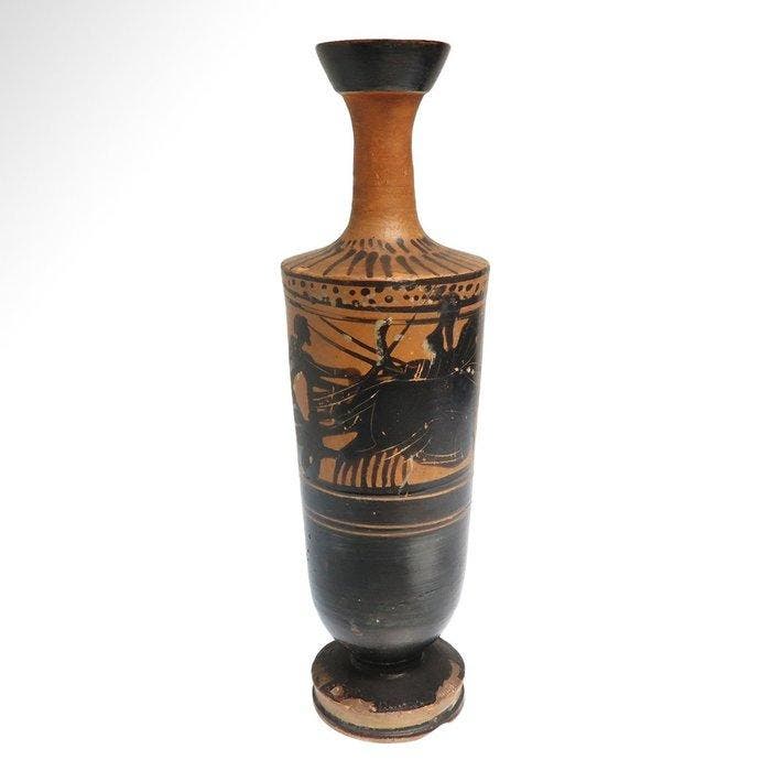 Oud-Grieks Terracotta Lekytos met een scène van wagenrennen,, Antiquités & Art, Antiquités | Autres Antiquités
