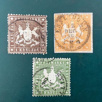 Württemberg 1861 - 1, 3 en 6 Kreuzer wapenschild op dun, Gestempeld