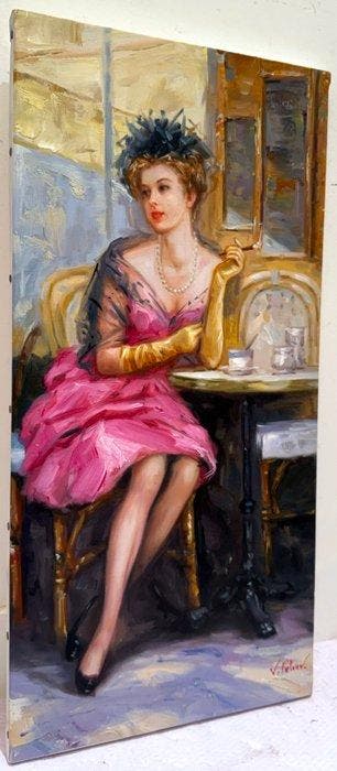 Vladimir Petrov (1945) - Élégante Parisienne au Café ~, Antiquités & Art, Art | Peinture | Classique