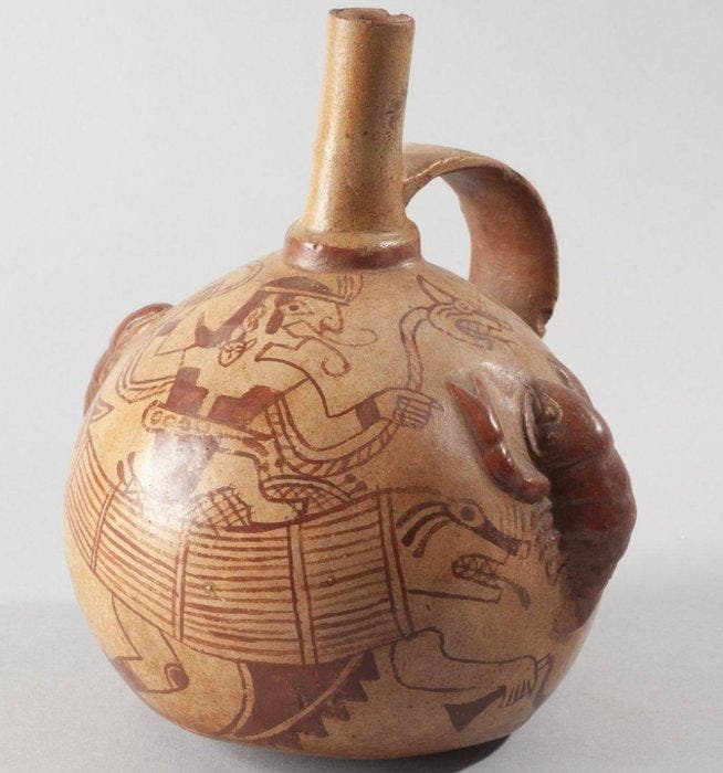 Mochica Céramique Bouteille à goulot droit et anse latérale, Verzamelen, Mineralen en Fossielen