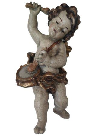 Snijwerk, farbiger Engel mit Trommel - Amor - HOLZFIGUR -