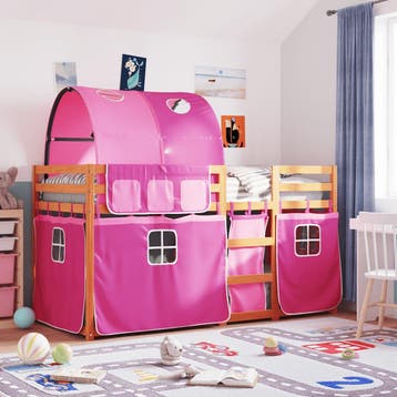 vidaXL Stapelbed met gordijnen 90x190 cm grenenhout roze, Verzenden, Nieuw