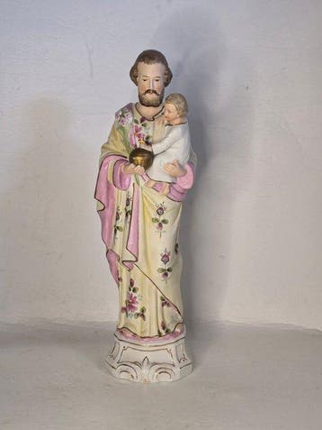Beeld, Gesigneerde Sint Jozef met kind - 39 cm - Porselein, Antiquités & Art