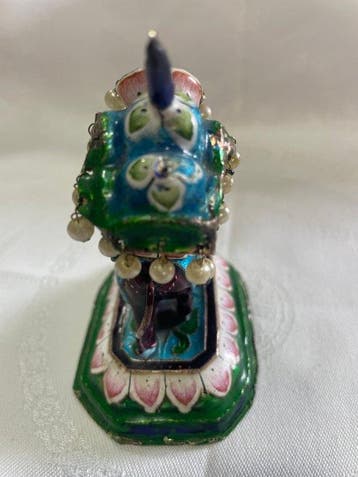 Beeldje - Vtg Indian Enameled Silver Elephant Howdah Mahout