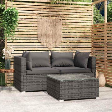 vidaXL 3-delige Loungeset met kussens poly rattan grijs, Verzenden, Nieuw, Loungeset
