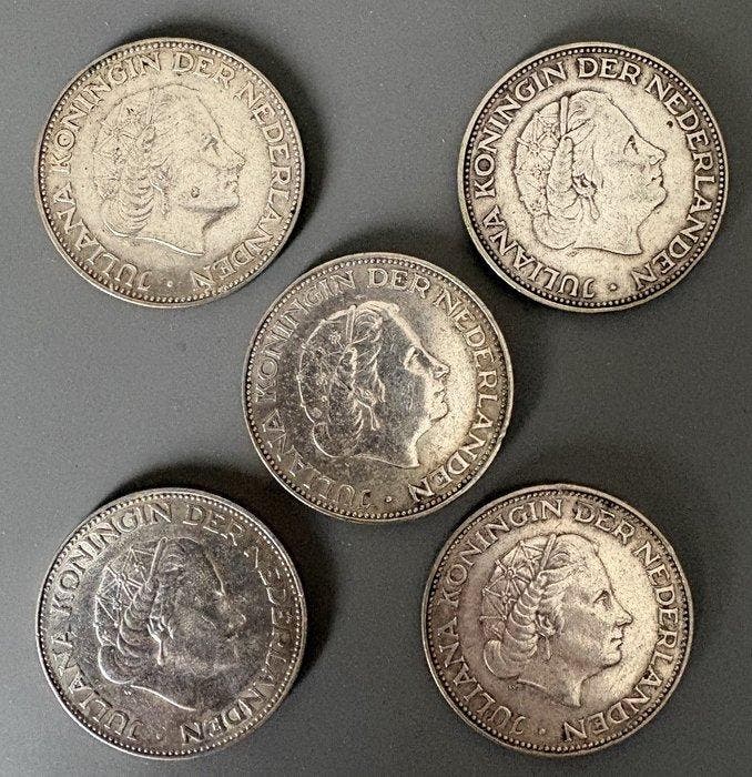 Nederland. Juliana. 2 1/2 Gulden Lot 5 stuks Complete, Postzegels en Munten, Munten | Nederland
