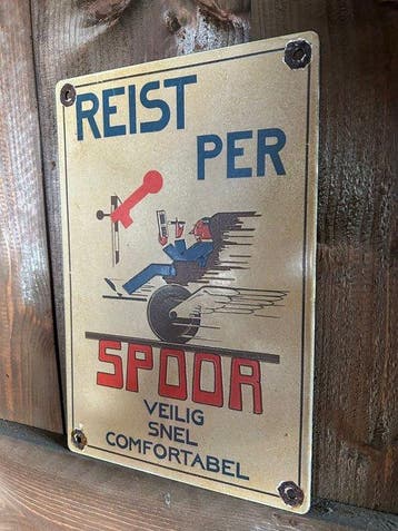 Vintage Spoorwegen emaille reclamebord – “Reist per Spoor” –