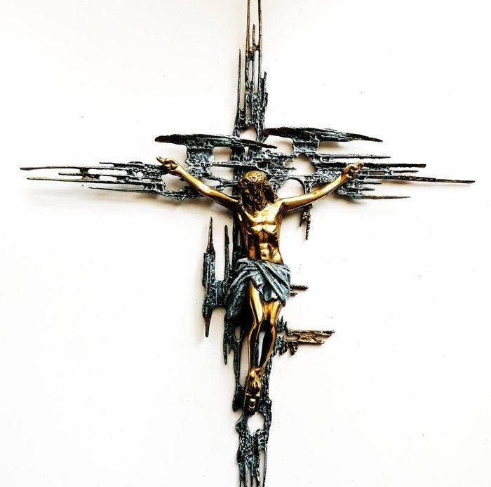 Crucifix - Brons, Emaille - 1980-1990 - Geïnspireerd door, Antiquités & Art, Antiquités | Livres & Manuscrits
